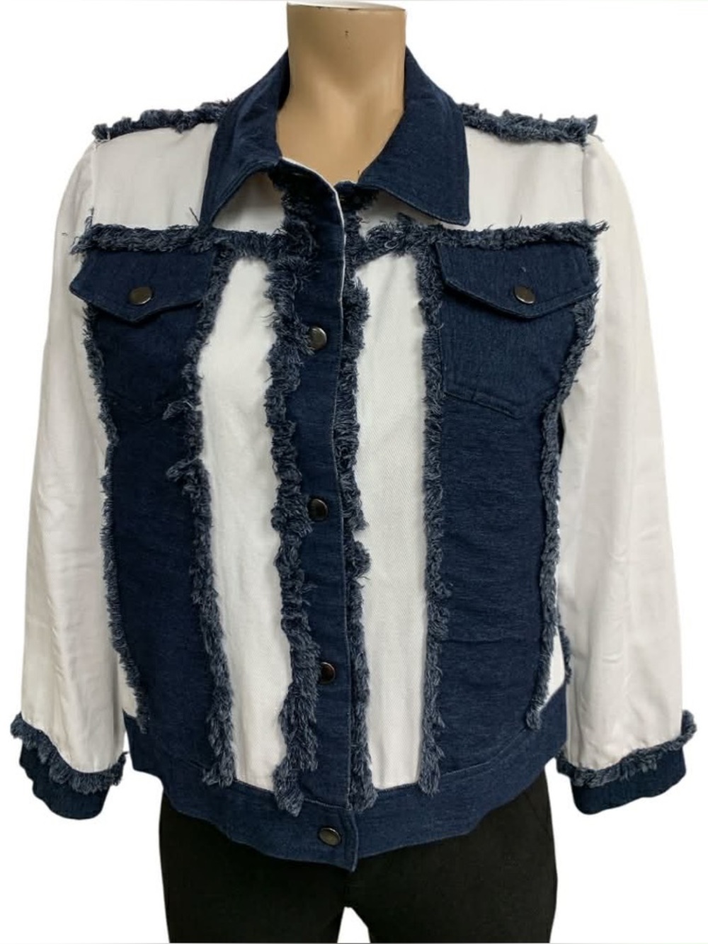 Lindi Two-Tone Frayed Denim Jacket - Navy & White Size M